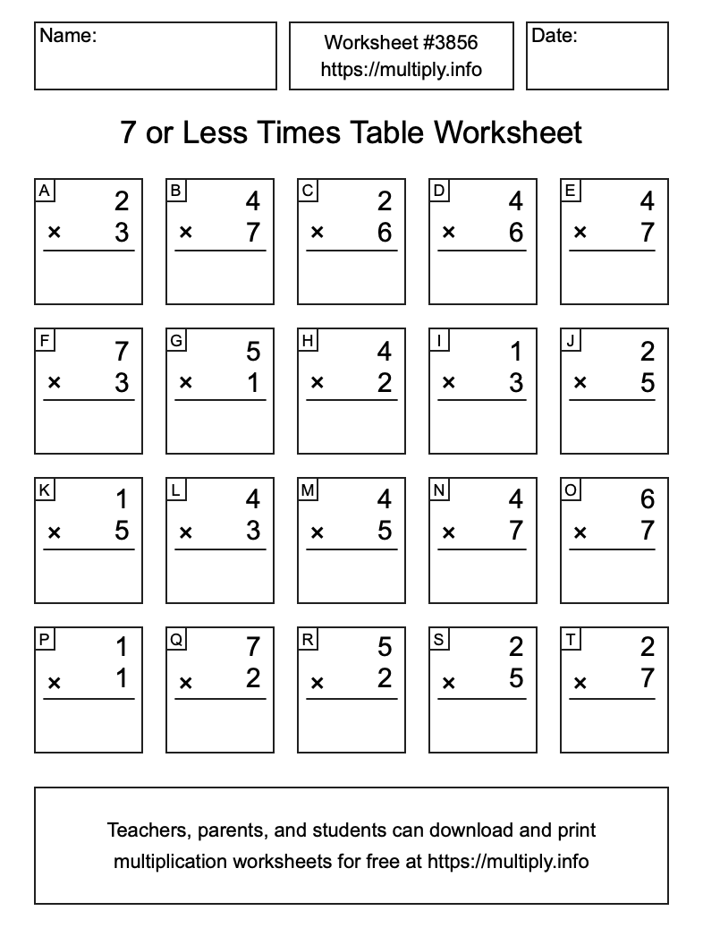 7 or less Times Table Worksheet #3856
