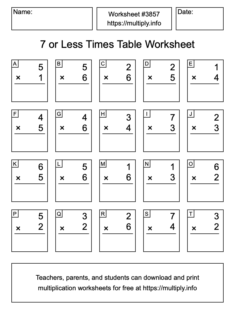 7 or less Times Table Worksheet #3857