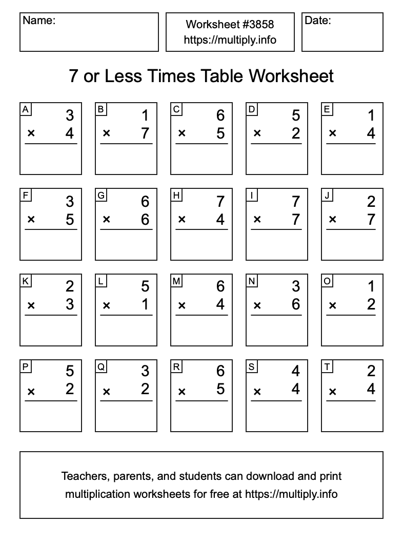 7 or less Times Table Worksheet #3858
