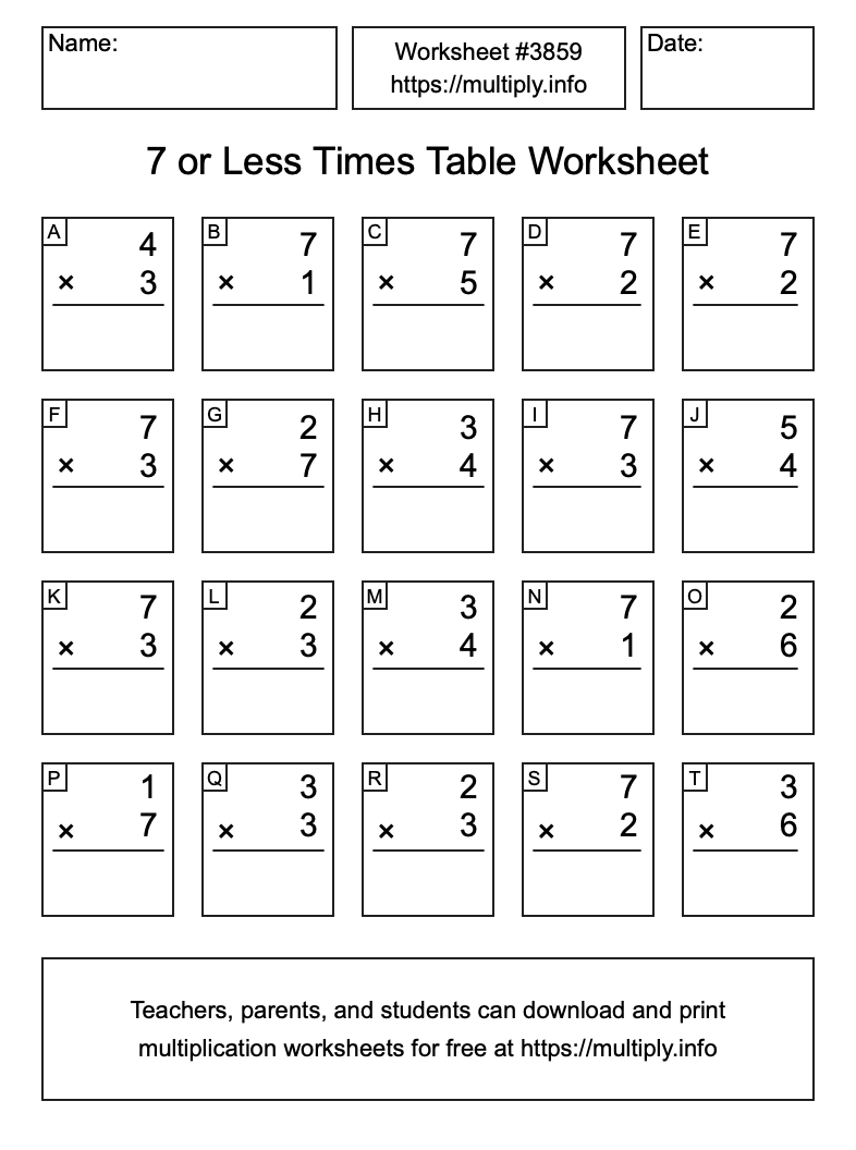 7 or less Times Table Worksheet #3859
