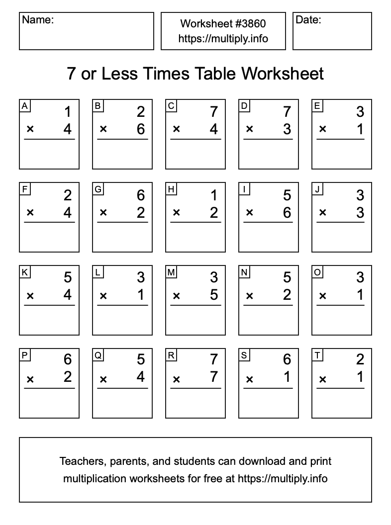 7 or less Times Table Worksheet #3860