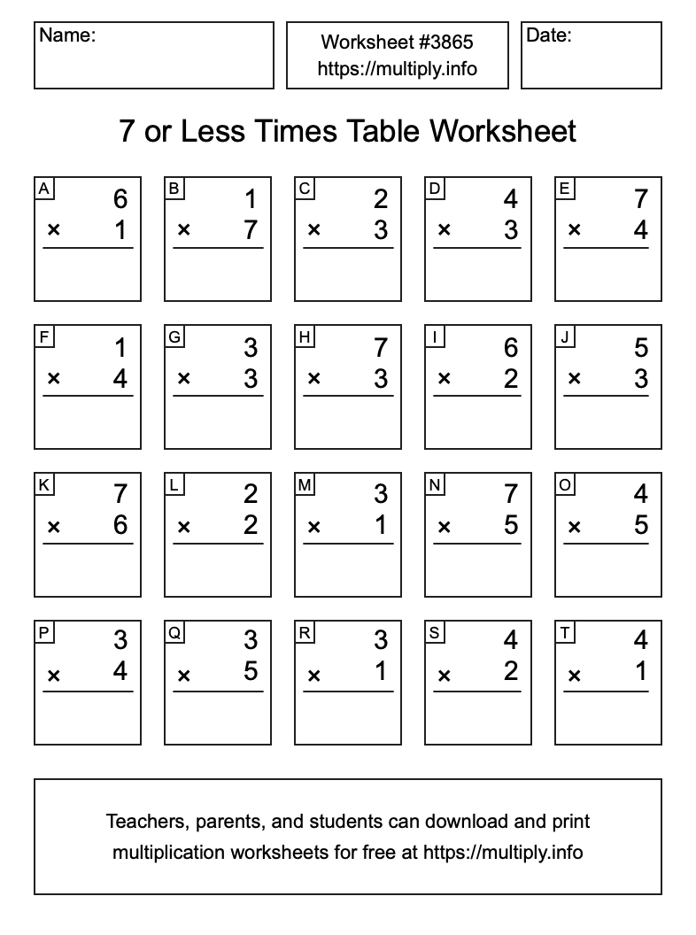 7 or less Times Table Worksheet #3865