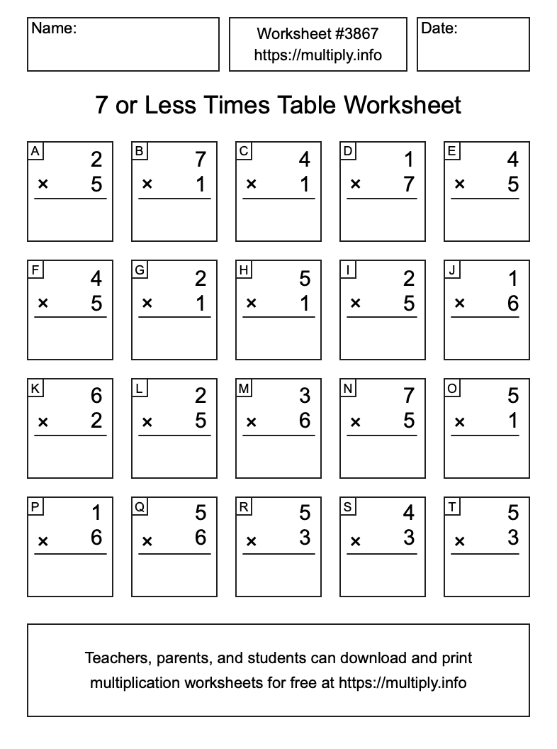 7 or less Times Table Worksheet #3867