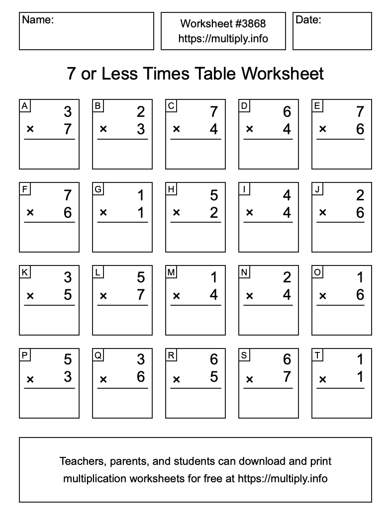 7 or less Times Table Worksheet #3868