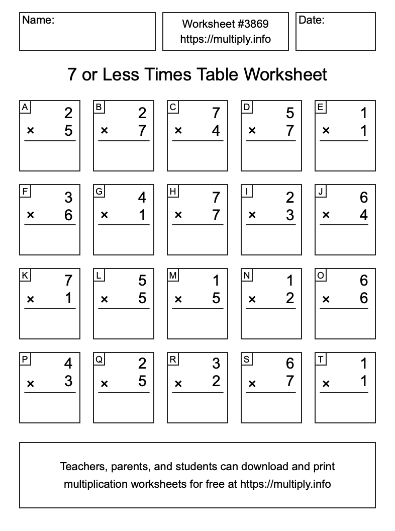 7 or less Times Table Worksheet #3869