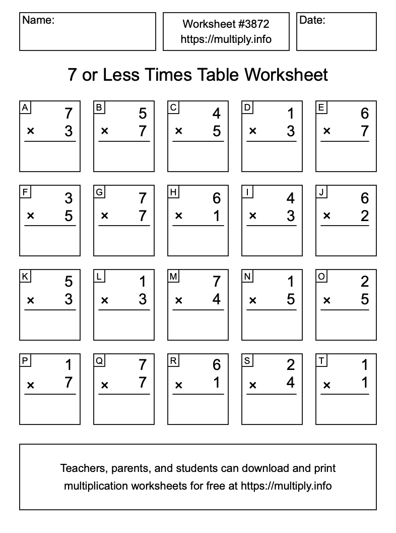 7 or less Times Table Worksheet #3872