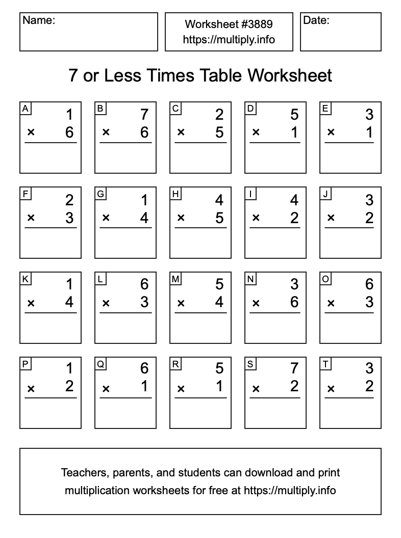 7 or less Times Table Worksheet #3889