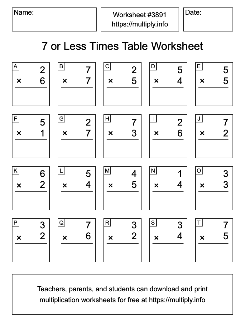 7 or less Times Table Worksheet #3891