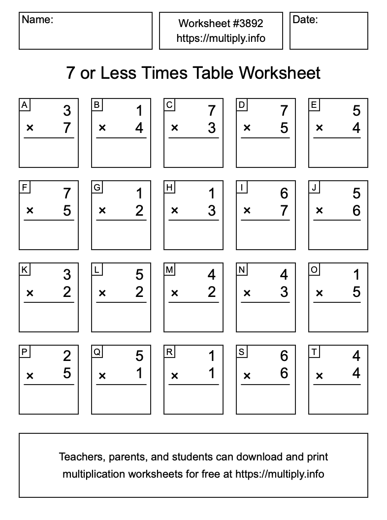 7 or less Times Table Worksheet #3892