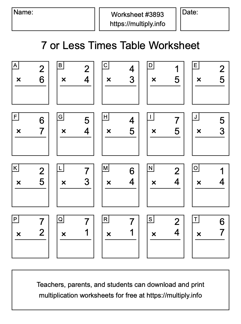 7 or less Times Table Worksheet #3893