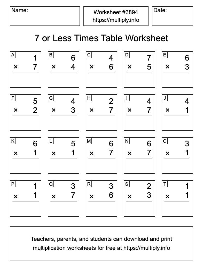 7 or less Times Table Worksheet #3894