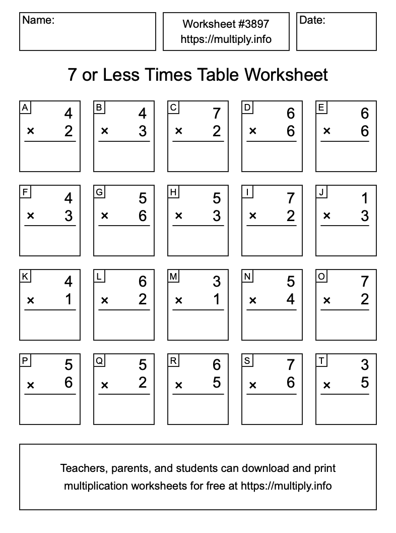 7 or less Times Table Worksheet #3897