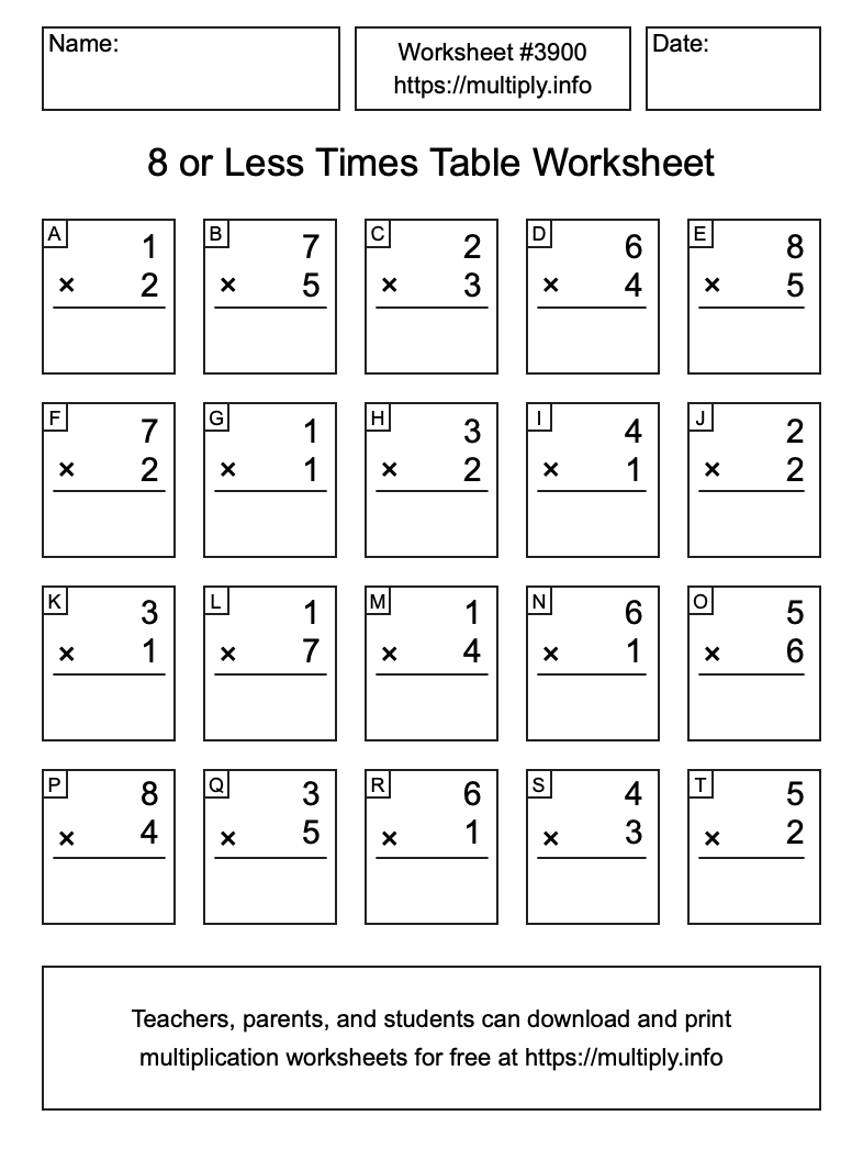 8 or less Times Table Worksheet #3900