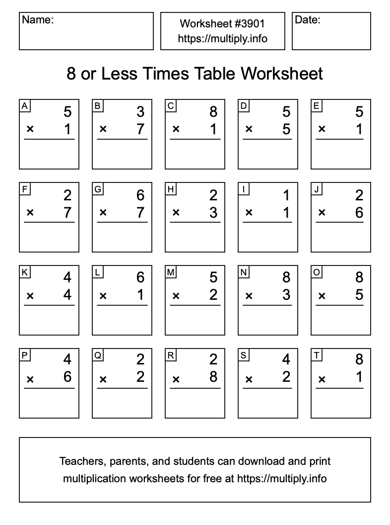 8 or less Times Table Worksheet #3901