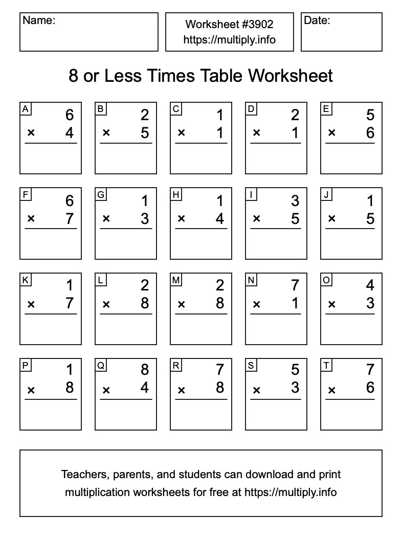 8 or less Times Table Worksheet #3902