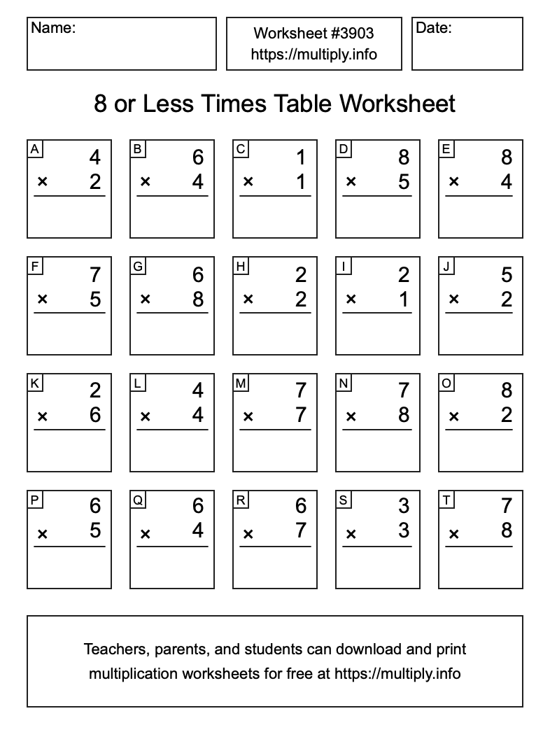 8 or less Times Table Worksheet #3903