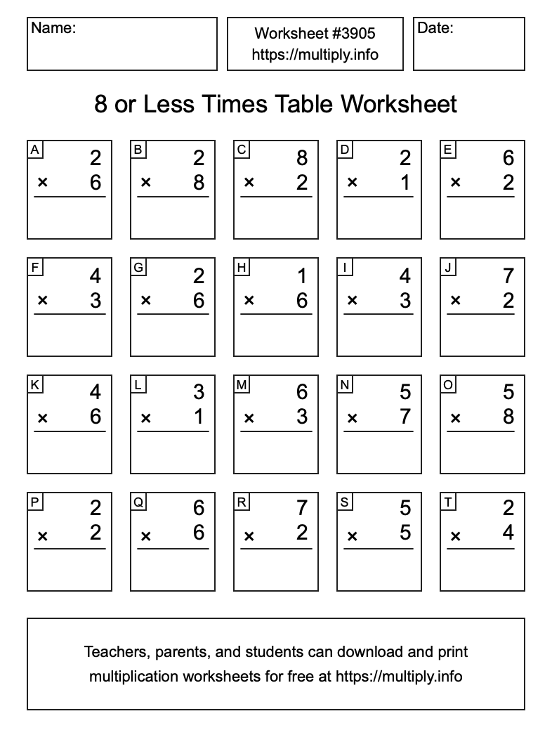 8 or less Times Table Worksheet #3905