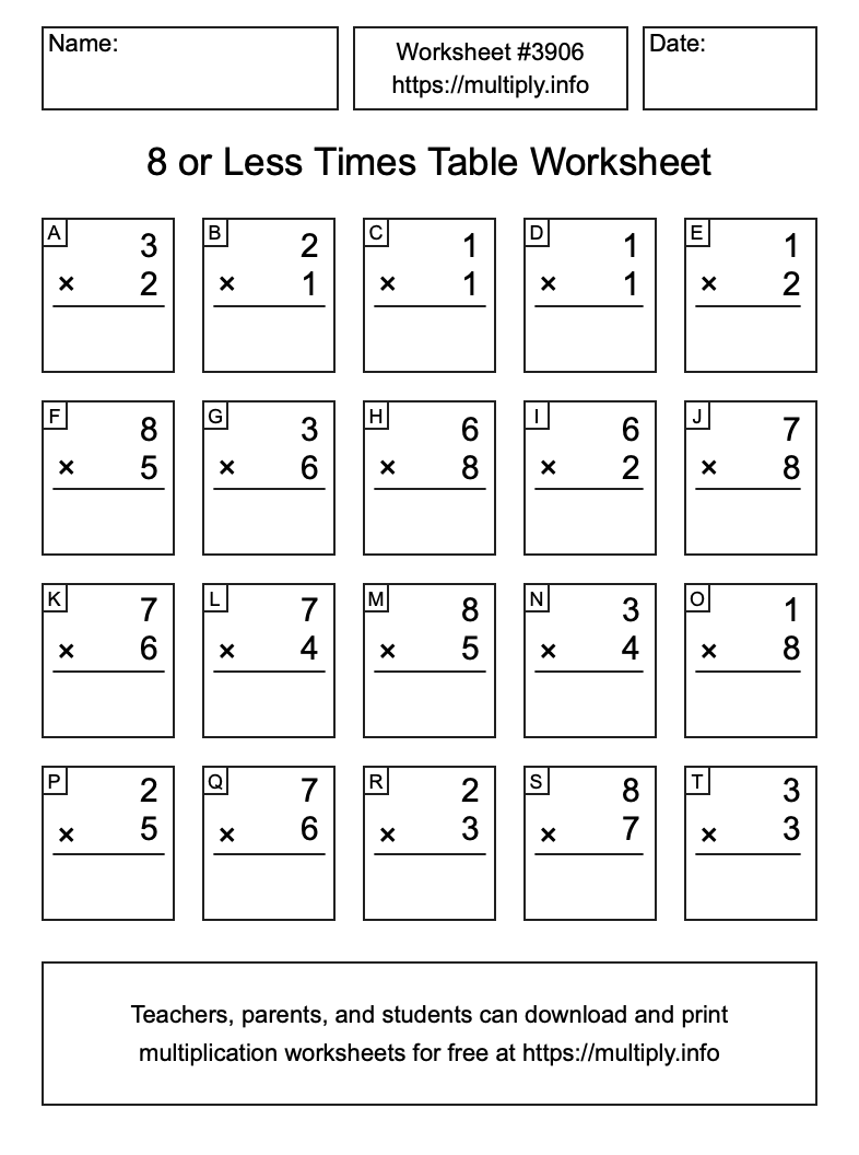 8 or less Times Table Worksheet #3906