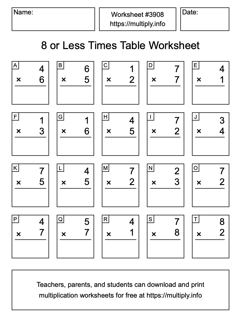 8 or less Times Table Worksheet #3908