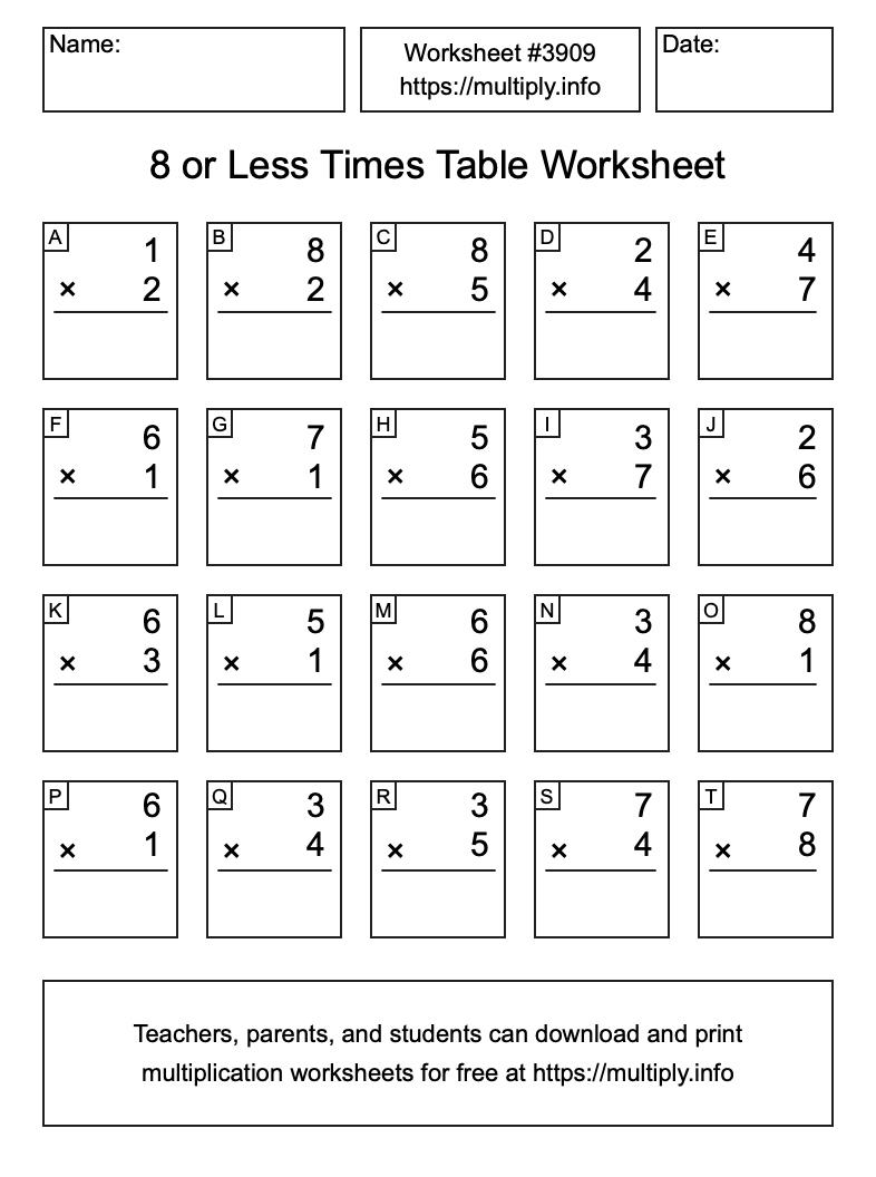 8 or less Times Table Worksheet #3909