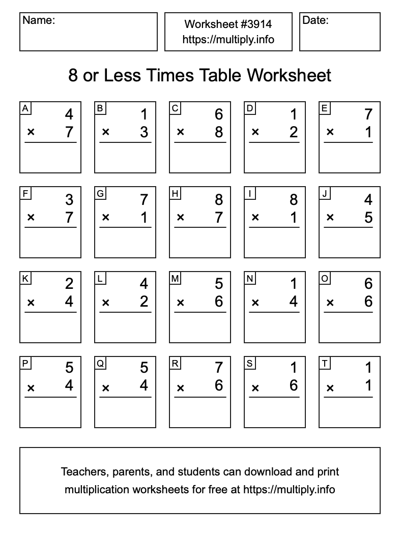 8 or less Times Table Worksheet #3914