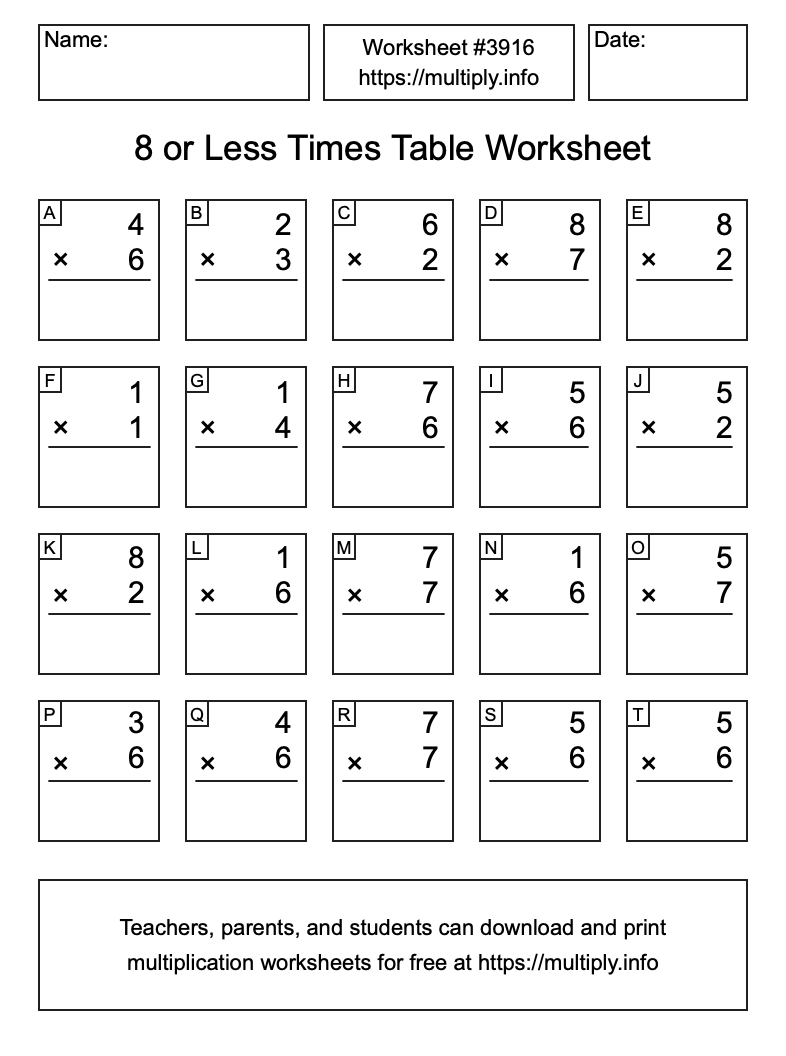 8 or less Times Table Worksheet #3916