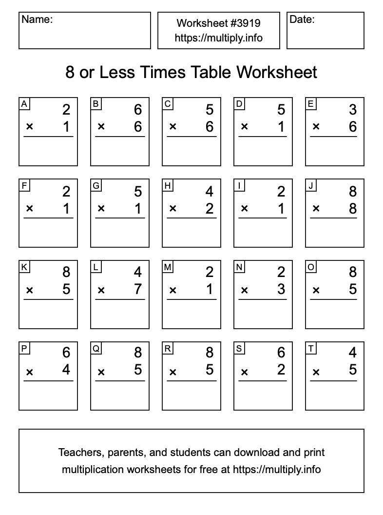 8 or less Times Table Worksheet #3919