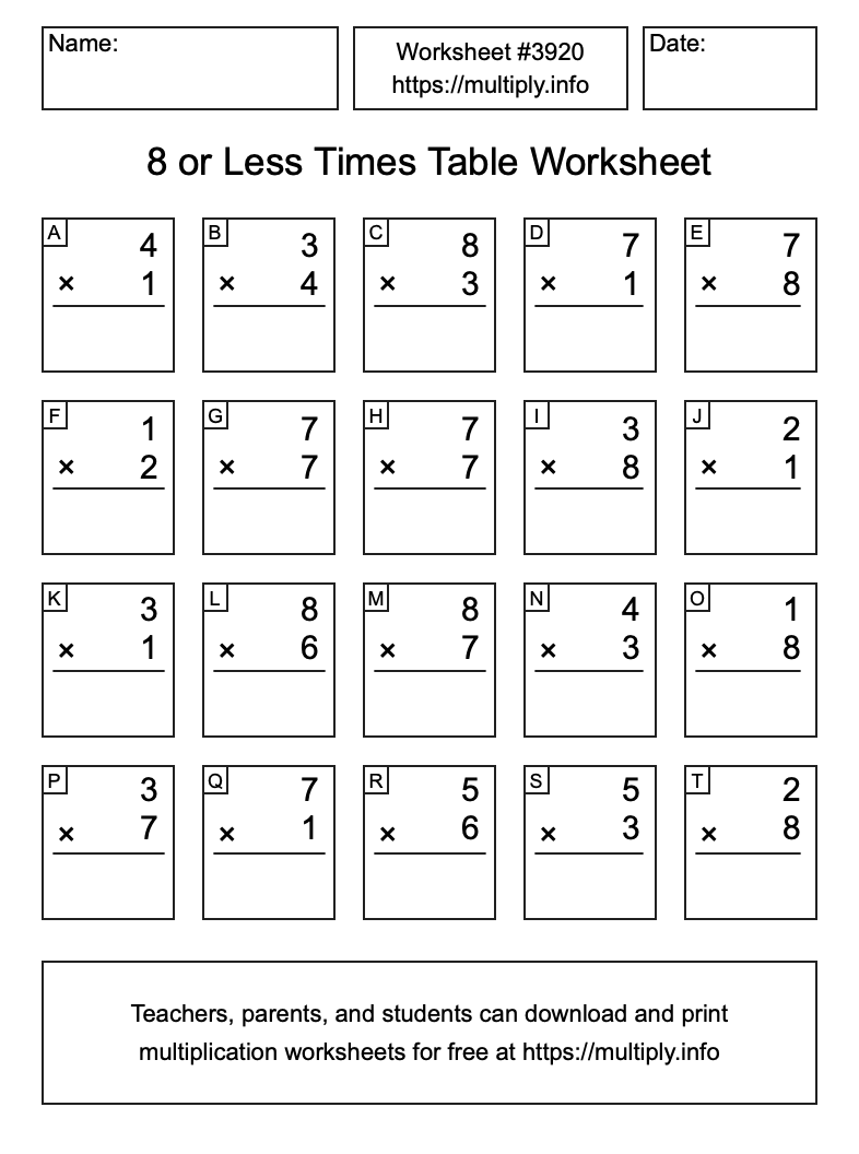 8 or less Times Table Worksheet #3920