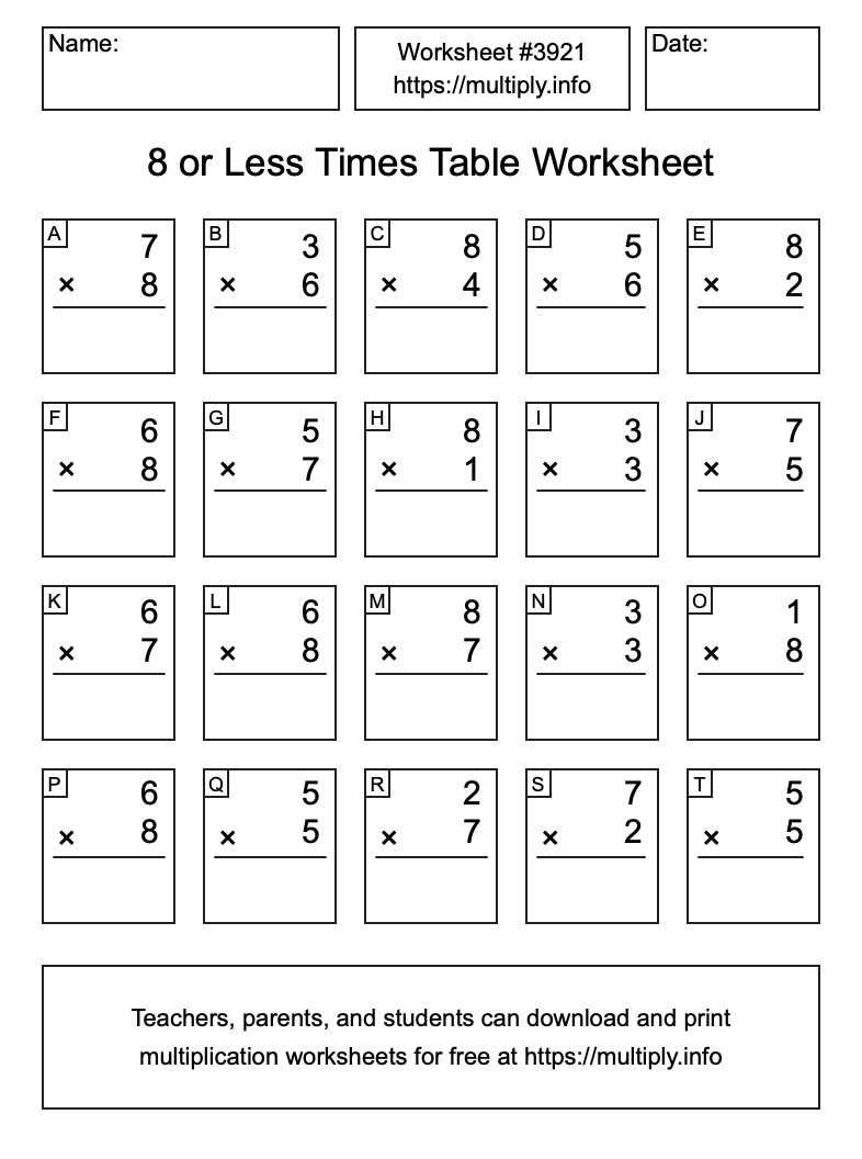 8 or less Times Table Worksheet #3921