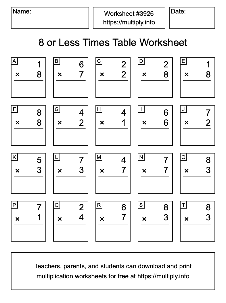 8 or less Times Table Worksheet #3926