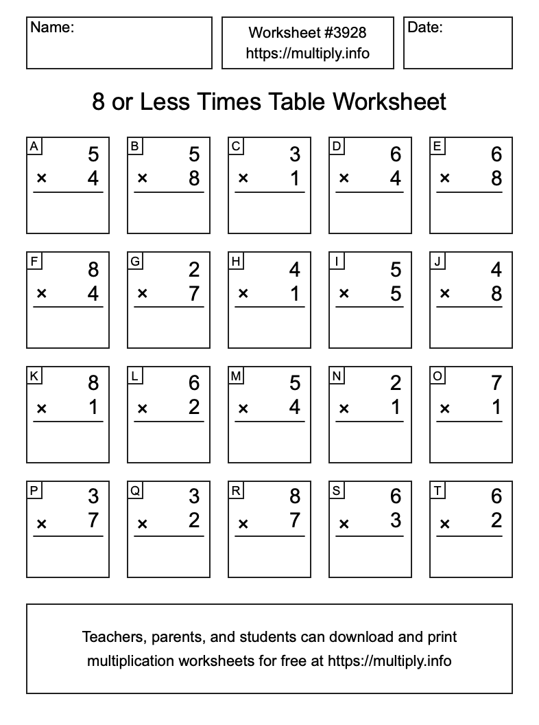 8 or less Times Table Worksheet #3928