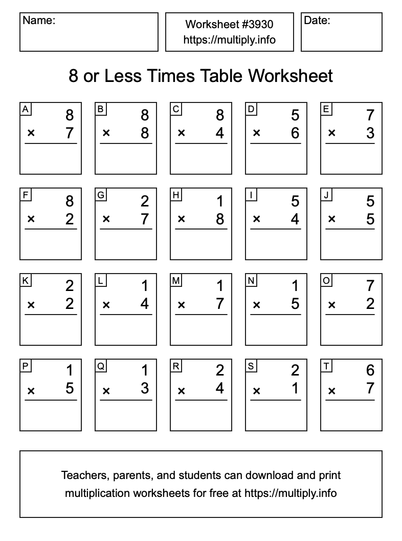 8 or less Times Table Worksheet #3930
