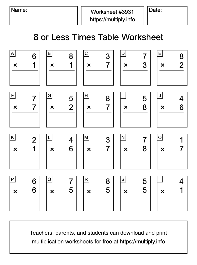 8 or less Times Table Worksheet #3931