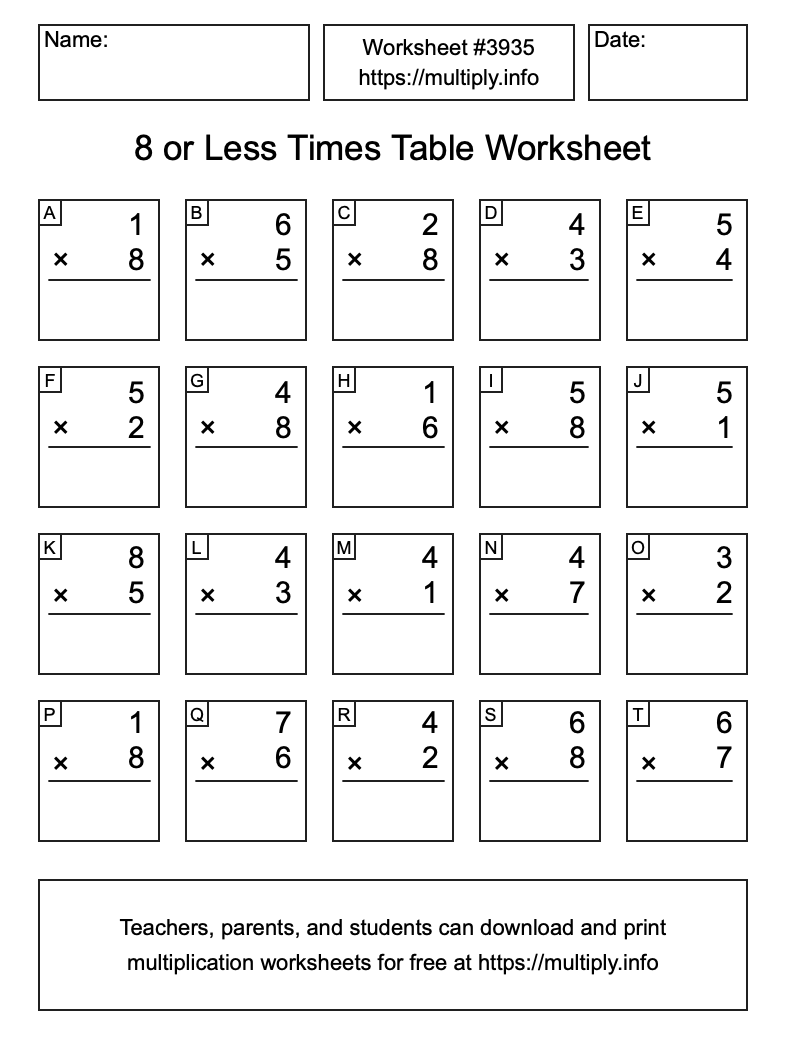 8 or less Times Table Worksheet #3935