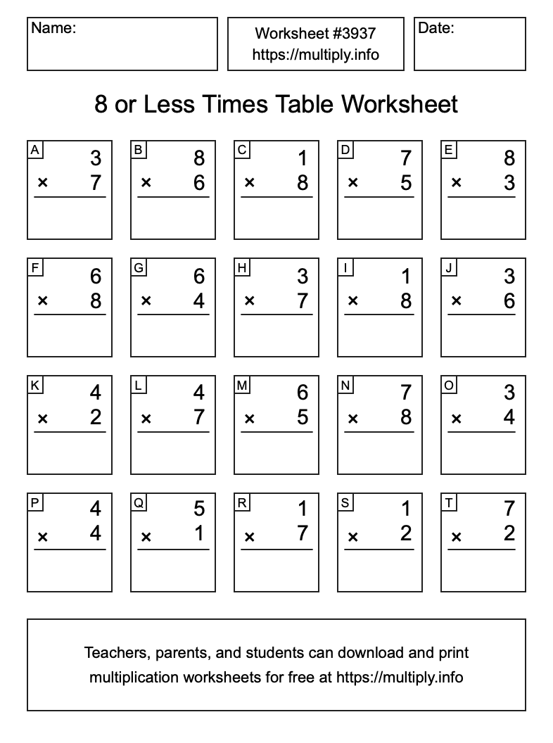8 or less Times Table Worksheet #3937