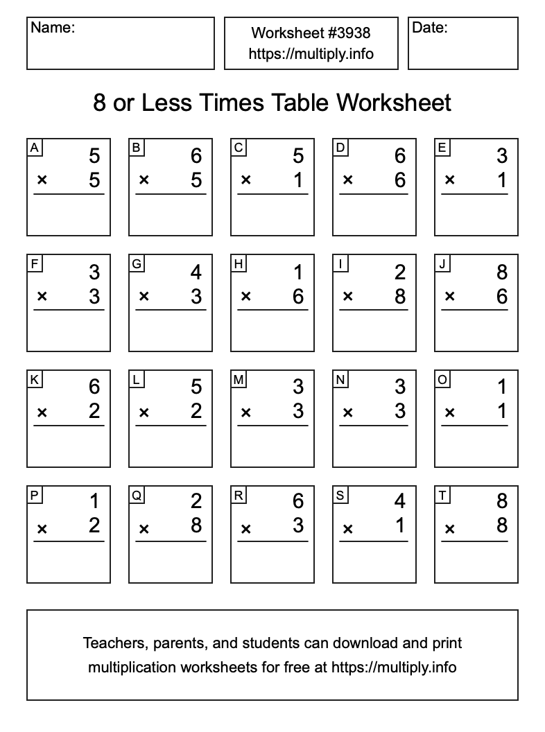 8 or less Times Table Worksheet #3938