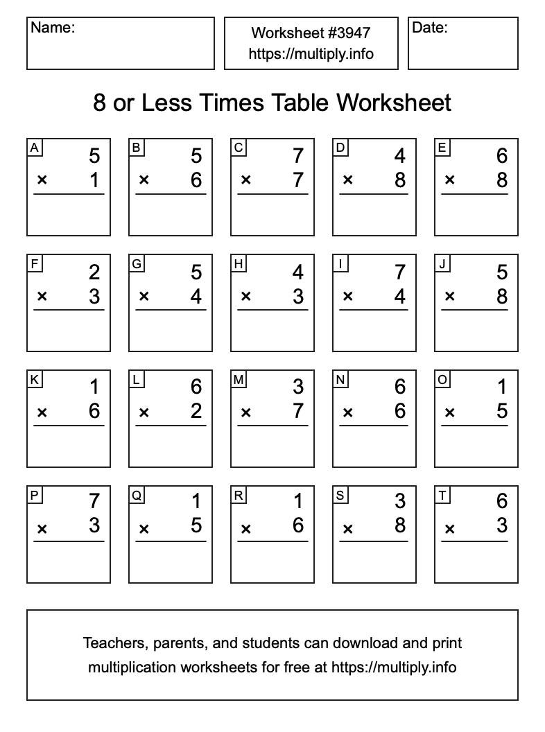 8 or less Times Table Worksheet #3947