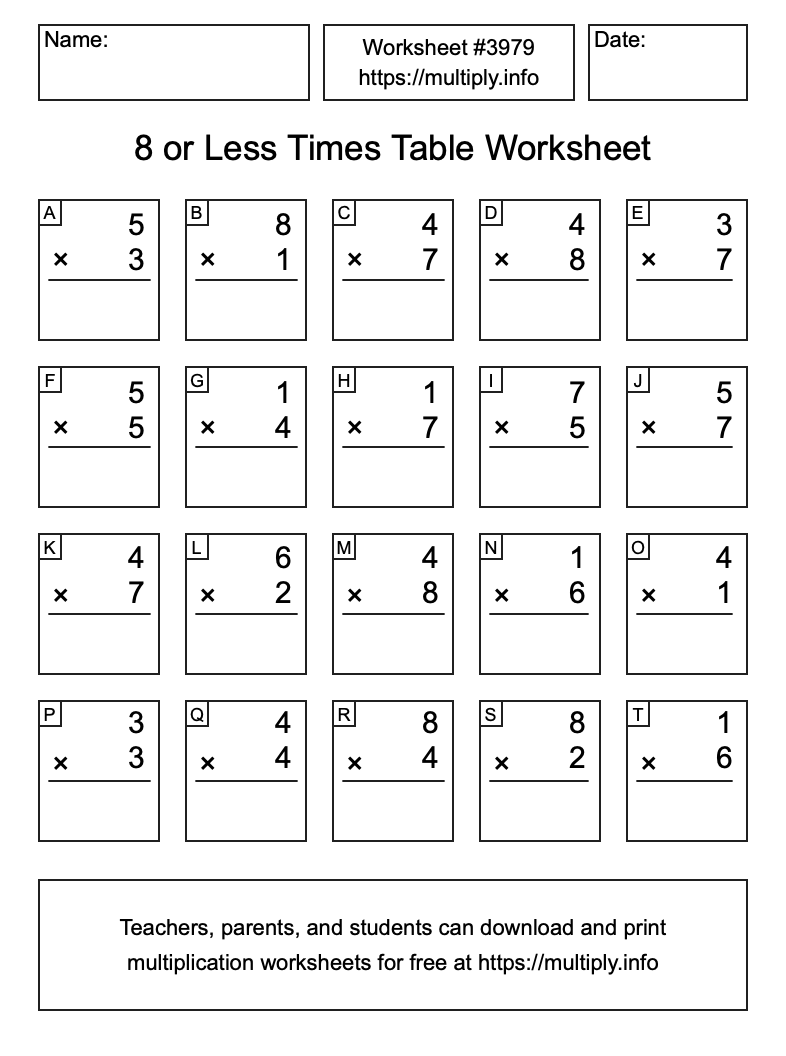 8 or less Times Table Worksheet #3979