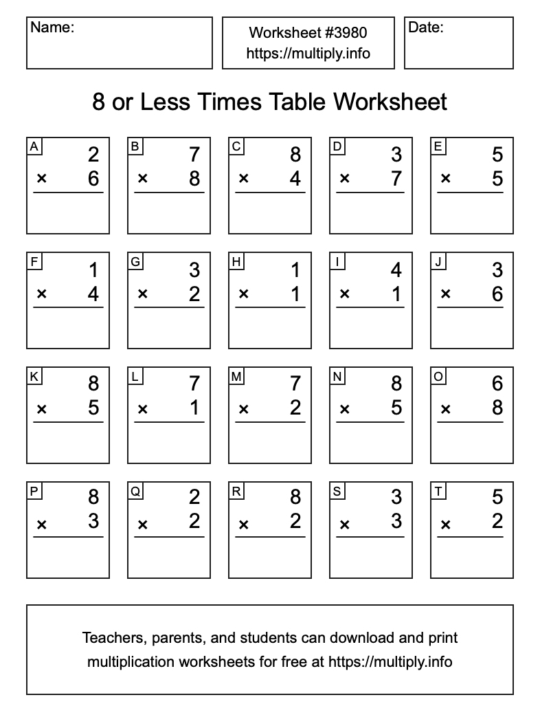 8 or less Times Table Worksheet #3980