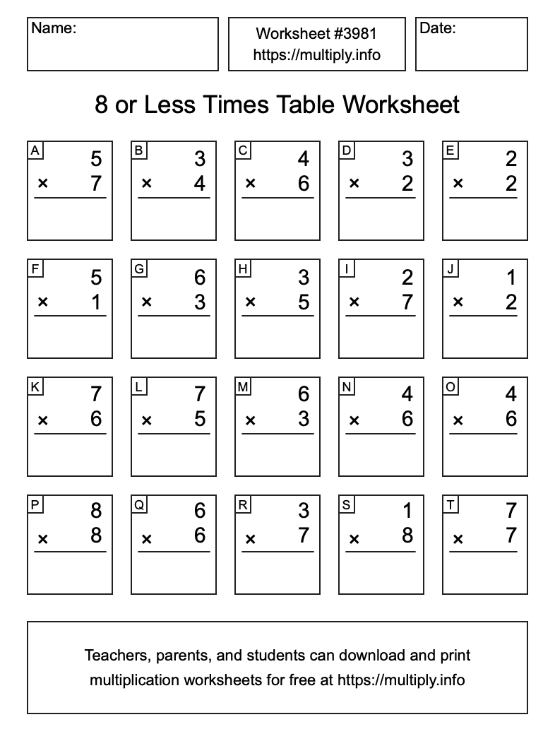 8 or less Times Table Worksheet #3981