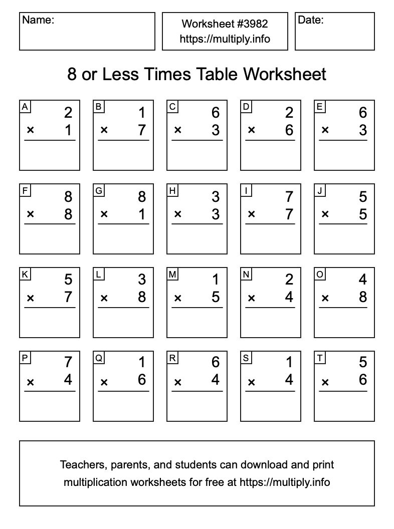 8 or less Times Table Worksheet #3982