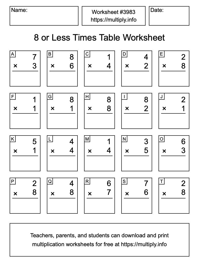 8 or less Times Table Worksheet #3983