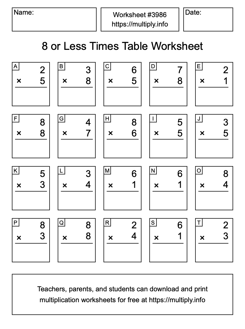 8 or less Times Table Worksheet #3986