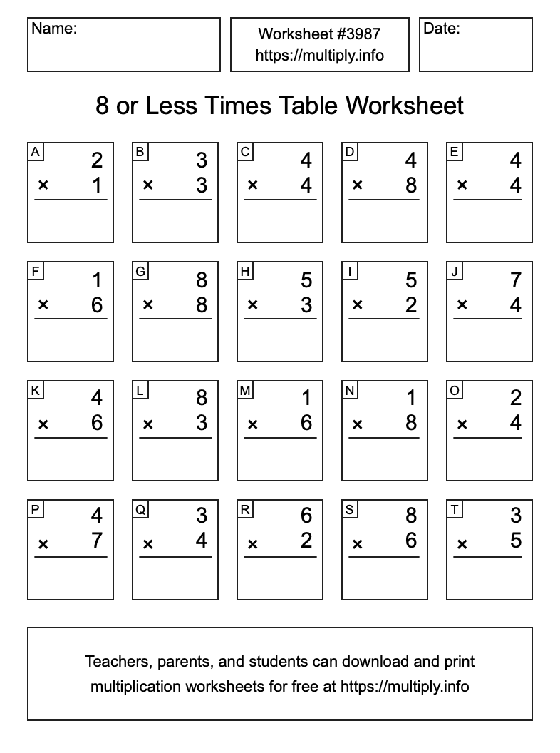 8 or less Times Table Worksheet #3987