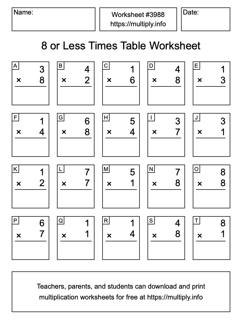 8 or less Times Table Worksheet #3988