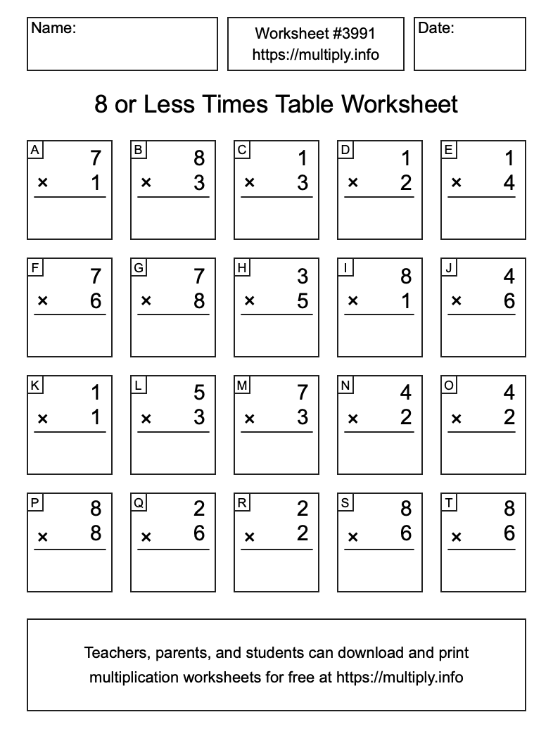 8 or less Times Table Worksheet #3991