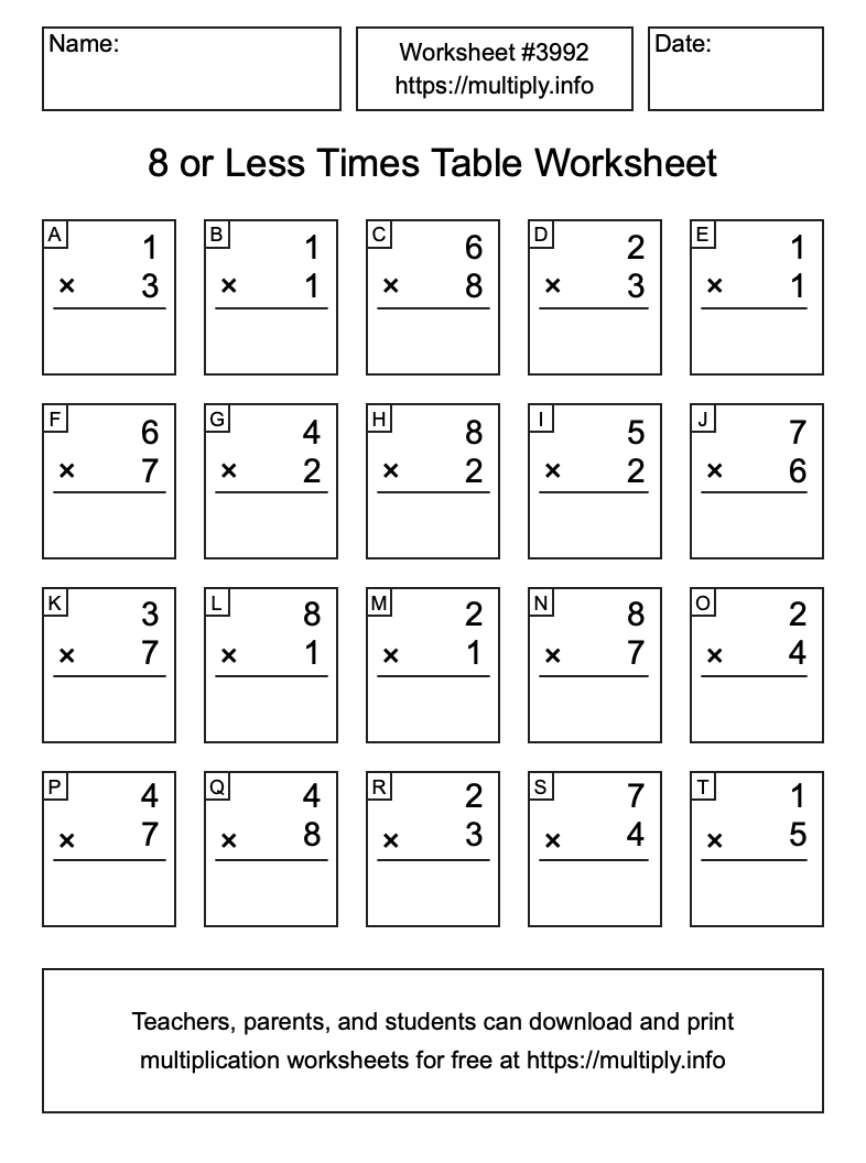 8 or less Times Table Worksheet #3992