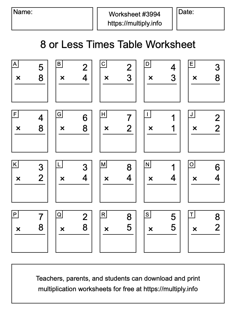 8 or less Times Table Worksheet #3994