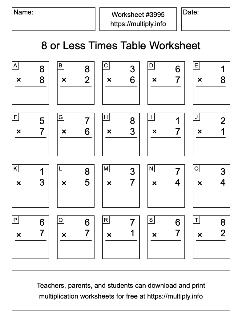 8 or less Times Table Worksheet #3995
