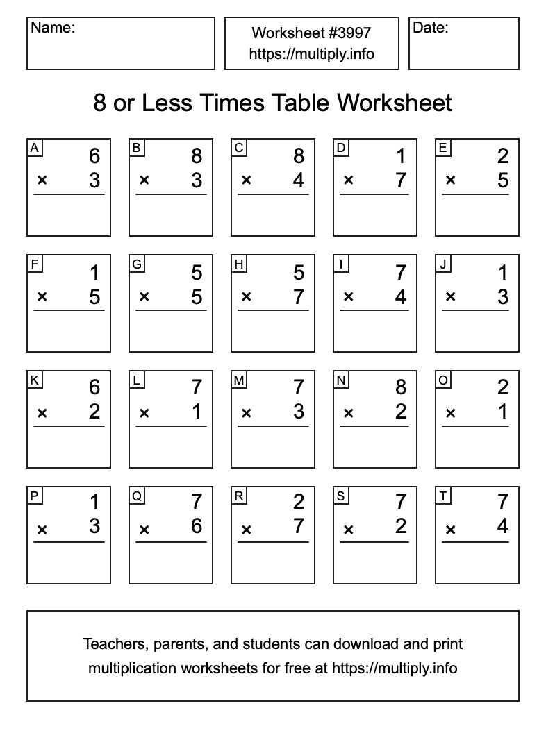 8 or less Times Table Worksheet #3997